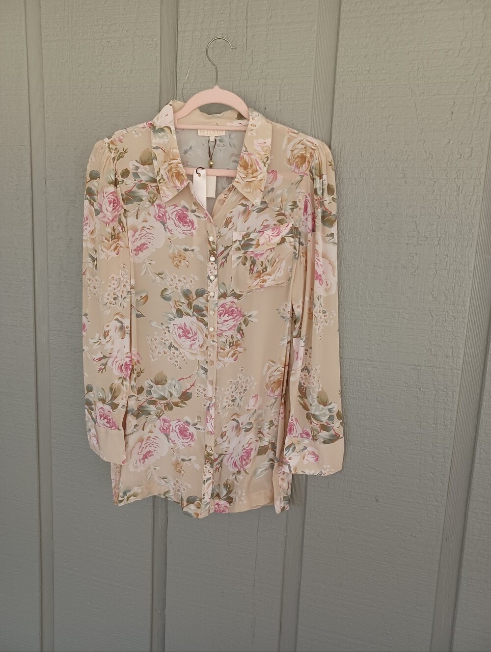 Bytimo Floral Long Tunic Shirt Size S Long Sleeve Buttons Viscose Semi Sheer